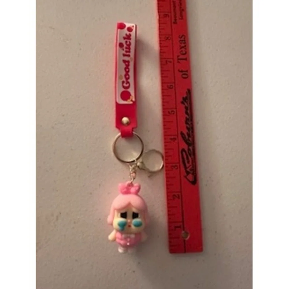 Crybaby Pink Figure Keychain Red Good Luck Wristlet Strap Bag Charm Gold Tone
